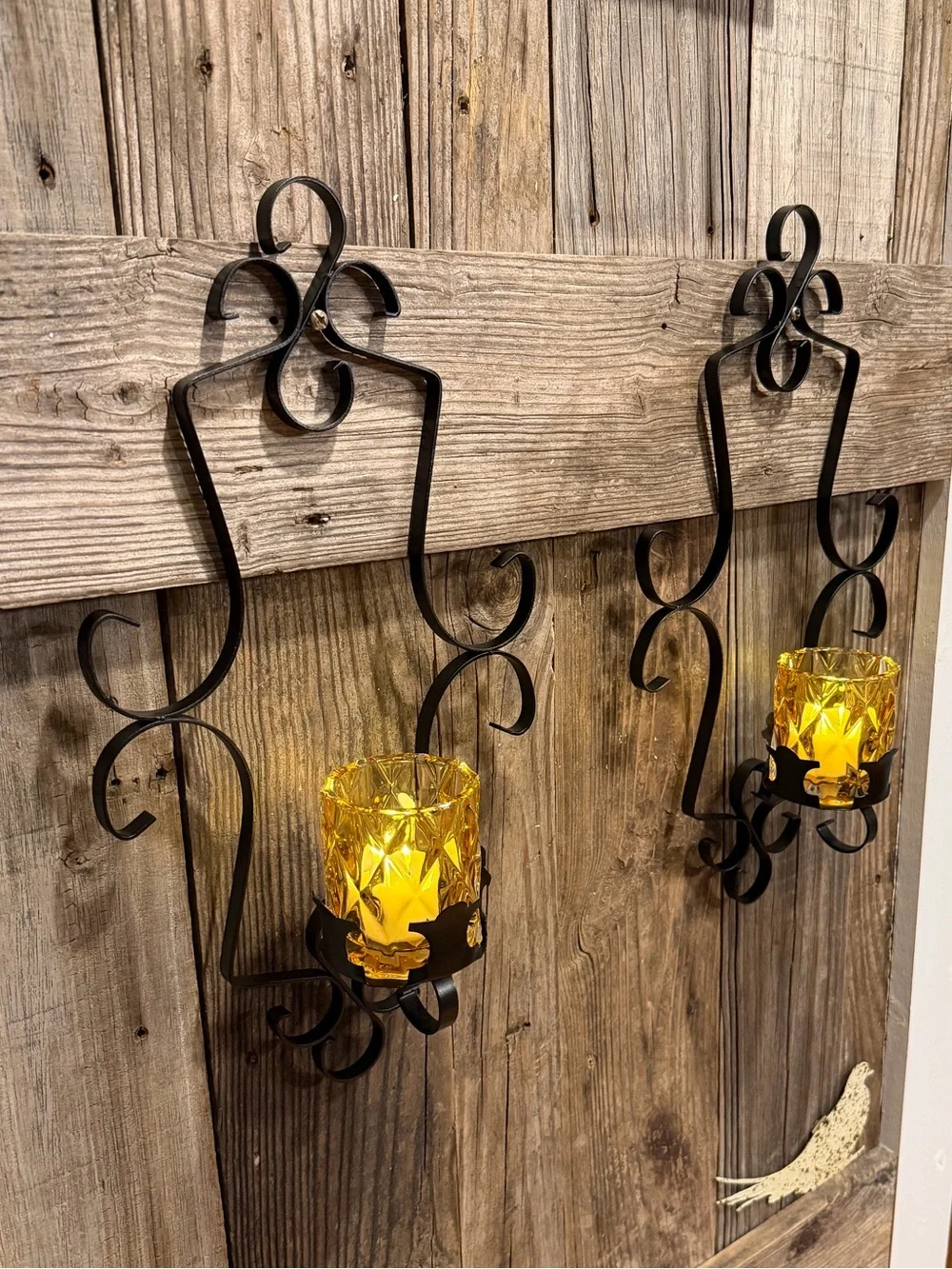 Pair of Gothic Farmhouse Black Metal Wall Sconces with Amber Glass Holders
